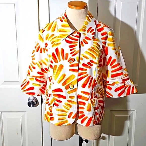 Chico's jacket size 2 (12-14) 3/4 ruffle sleeve. Bright Fun gold /orange color. - Picture 1 of 7